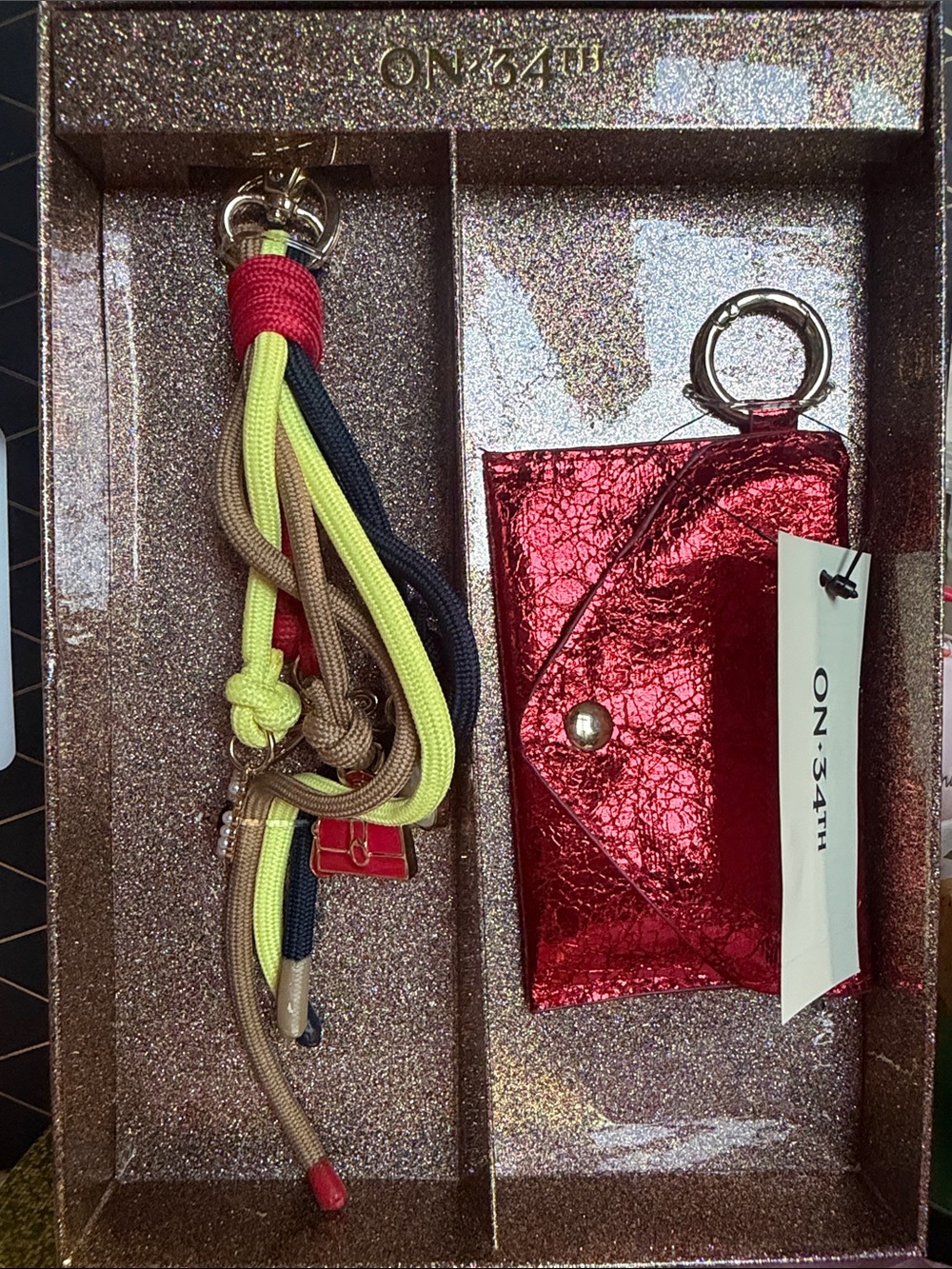 ON.34TH Red Metallic Card Wallet with Key Ring